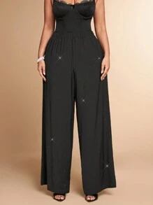 SHEIN BAE Plus Size Women's Black Rhinestone Elastic Waist Pants, Romantic For Date, Formal Occasions, Party, Commuting, Going Out At Night