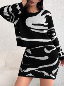 Chiquease Conjunto de 2 piezas de suéter de punto de color contrastante y minifalda casual para mujer, adecuado para uso diario en otoño/invierno