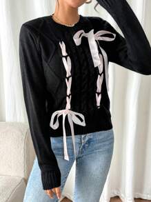 SHEIN Unity Cable Knit Twisted Long Sleeve Tie Front Sweater Knit Pullover Fall Winter - Black - View 6