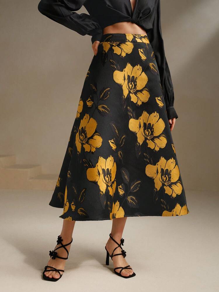 Vintage Embossed Large Floral Print Casual Skirt, Minimalist & Fashionable For Daily Wear Maxi
