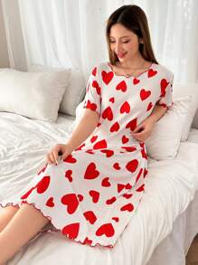 Dream Adore Heart Print Short Sleeve Nightgown Babydoll, Casual & Fashionable For Daily Wear Holidayseason