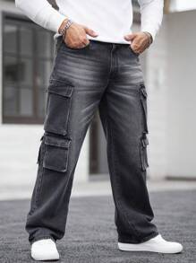 Manfinity LEGND Men's Solid Color Multi-Pocket Casual Streetwear Cargo Jeans