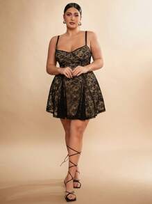 SHEIN BAE Plus Size Black Sexy Romantic A-Line Lace Cami Dress Suitable For Dating, Party, Afternoon Tea, Travel, Birthday, Wedding, Going Out, Night Out, Elegant, Evening, Holiday Outfit Valentine's Day