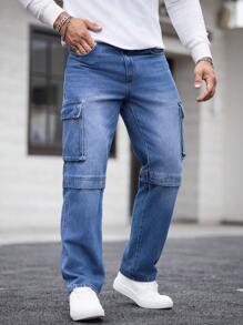 Manfinity Homme Men's Simple Casual Cargo Jeans With Pockets, Daily Casual - Light Wash - View 5