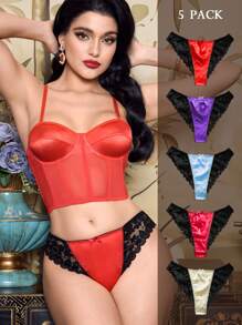 PinupGlam Set de 5 bragas de mujer con encaje, lazo y satén, de estilo sexy