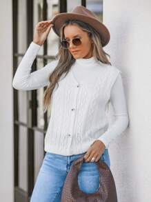 SHEIN LUNE 女款白色针织纹理开衫背心，秋冬款 - 白色 - 查看 1