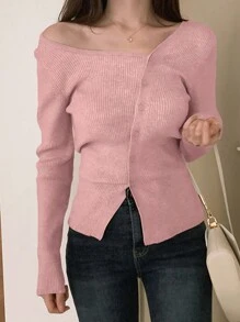 DAZY Women's French Style Square Neck Asymmetrical Oblique Collar Design Slim Fit Long Sleeve Sweater, Autumn/Winter