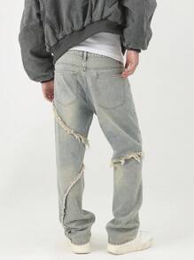 Manfinity Hypemode Quần Jeans Denim Thường Ngày Có Túi Trước Nút Viền Rách Cho Nam - Màu xanh lam - Xem 2