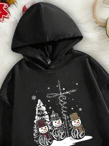 Manfinity Homme Men's Loose Fit Fun Snowman Christmas Pattern Dropped Shoulder Thick Hoodie - Black - View 2