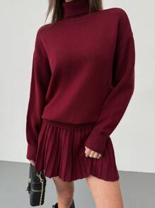Aloruh 2pcs Women's Set: Wine Red Pleated Skirt + Turtleneck Loose Elegant Sweater For Christmas, New Year, New Year's Eve, Fall And Winter, Elegant,Burgundy