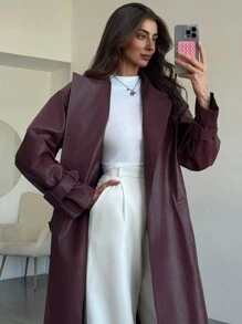 Aloruh Wine Red PU Leather Modern Street Style Long Women's Regular Jacket, Autumn/Winter