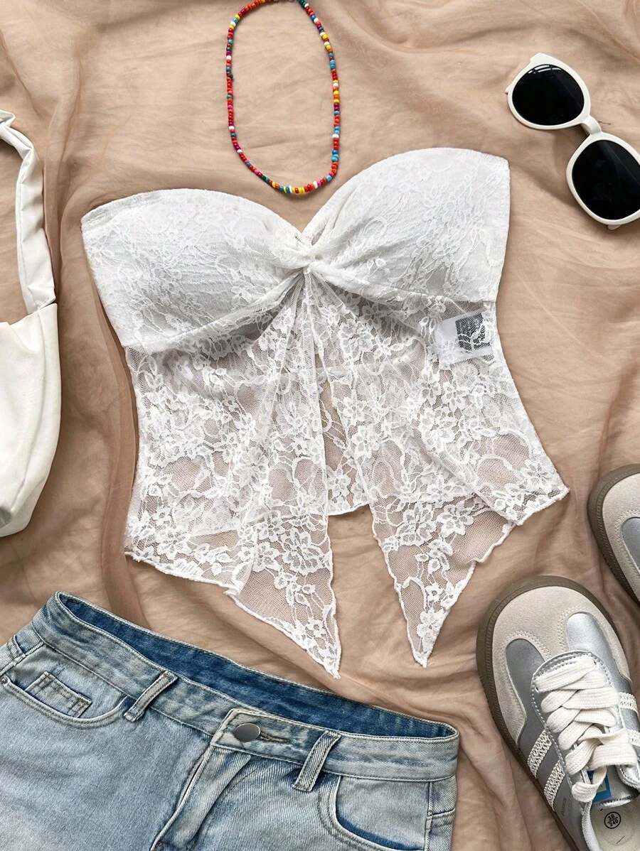 Soleia 女士度假纹理针织，弹性蕾丝面料扭纹抹胸短款上衣，前开衩，时尚适合下午茶、毕业典礼、四季、派对、情人节 - 白色 - 查看 1