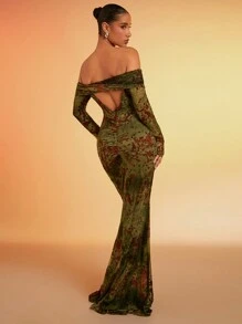 Hauture Twist Detail Off Shoulder Mermaid Hem Dress - Green - View 1