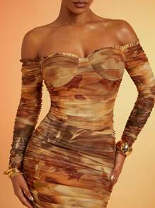 Hauture Long Sleeve Off Shoulder Printed Holiday Ruched Bodycon Midi Dress, Christmas Clothes Women - Multicolor - View 2