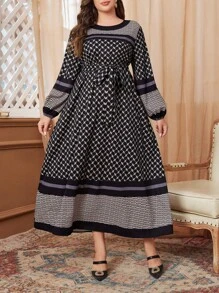 Mulvari Plus Size Arabian Patchwork Retro Luxurious Modest Long Sleeve Dress - Black - View 6