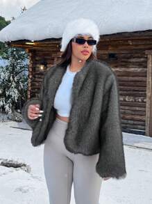 SHEIN EZwear 女士加大码纯色长袖前开宽松休闲蓬松外套冬季 - 灰色 - 查看 1