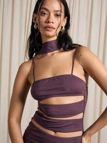 Cut Out Maxi Dress With Neck Tie Evening Gown Floor Length Form Fitting Bodycon Sleeveless Special Occasion Party Style Elegant Column Dress - Brown - View 3
