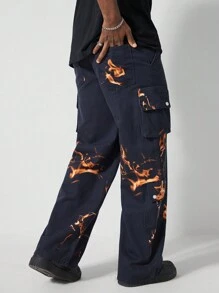 ROMWE MEN Street Life Casual Flame Print Cargo Jeans For Men - Black - View 1