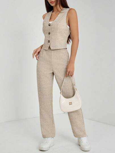 SHEIN PETITE Conjunto de chaleco y pantalones de lana de unicolor con botones para mujer, apto para ir a la oficina en otoño/invierno