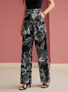 MOTF Women's Plant Print Pleated Pocket Wide Leg Loose Elegant Casual Pants - Black - View 7