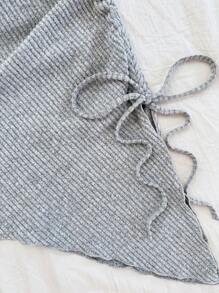 Soleia Women's Vacation Ribbed Knit Gray Marl Ruched Twist Waist Drawstring Hem Slit Asymmetric Hem Mini Dress, Stylish Layering For Autumn/Winter - Grey - View 4