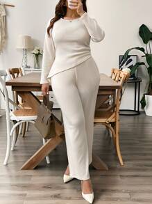 Flirla Plus Size Simple Knitted Ribbed Ruched Asymmetrical Hem Top And Pants 2 Pieces Set, Suitable For Autumn/Winter
