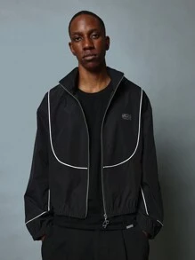 SUMWON Windbreaker Track Jacket With White Piping Detail Retro Sporty Zip Up Hooded Athletic Outerwear Lightweight Training Jacket - Black - View 3