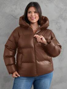 EURMUSE Damen Übergangsjacke mit Reißverschluss und Kapuze, gefüttert, aus PU-Material, Große Größen - Braun - Übersicht 6