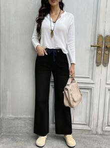 Solid Color Pocket Drawstring Women's Casual Straight Jeans - Black - View 3