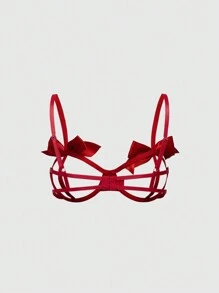 ROMWE 浪漫情人节蝴蝶结装饰文胸和内裤内衣套装带钢圈、蕾丝设计 - 紅色 - 查看 6