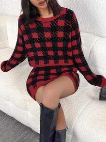 Chiquease 2 件套女士休闲日常拼色纯色拼接圆领毛衣和格子裙套装，新年 - 紅色 - 查看 6