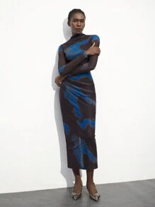 Maija 女式多色印花优雅荷叶边长袖连衣裙，时尚扎染设计针织网眼修身高领休闲连衣裙，适合所有季节 - 黑色 - 查看 1