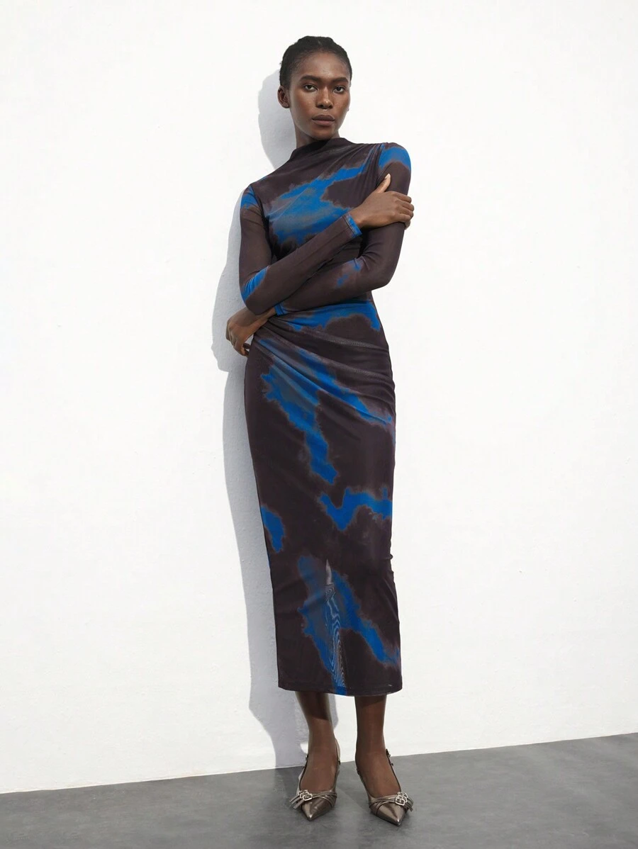 Maija 女式多色印花优雅荷叶边长袖连衣裙，时尚扎染设计针织网眼修身高领休闲连衣裙，适合所有季节 - 黑色 - 查看 1