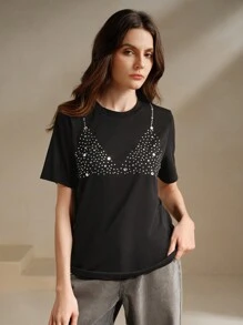 Anewsta Women's Glamorous Rhinestone Embellished Crew Neck Short Sleeve T-Shirt