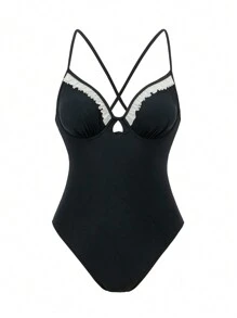 Swim Mod New Summer Black Spaghetti Strap Ruffle Sexy One-Piece Bikini - Black - View 5