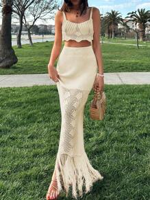 EURMUSE Women Cover-Up  Knit Top Detailed Sea ​​Shell And Knit Skirt - Beige - View 1