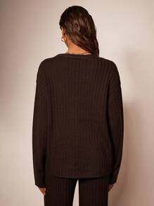 Forever 21 女士休闲纯色落肩宽松纽扣开衫，百搭 - 咖啡棕 - 查看 3