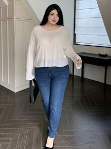 Dazy Plus Loose Round Neck Semi-Sheer Cropped Top For Women, White, Spring/Summer