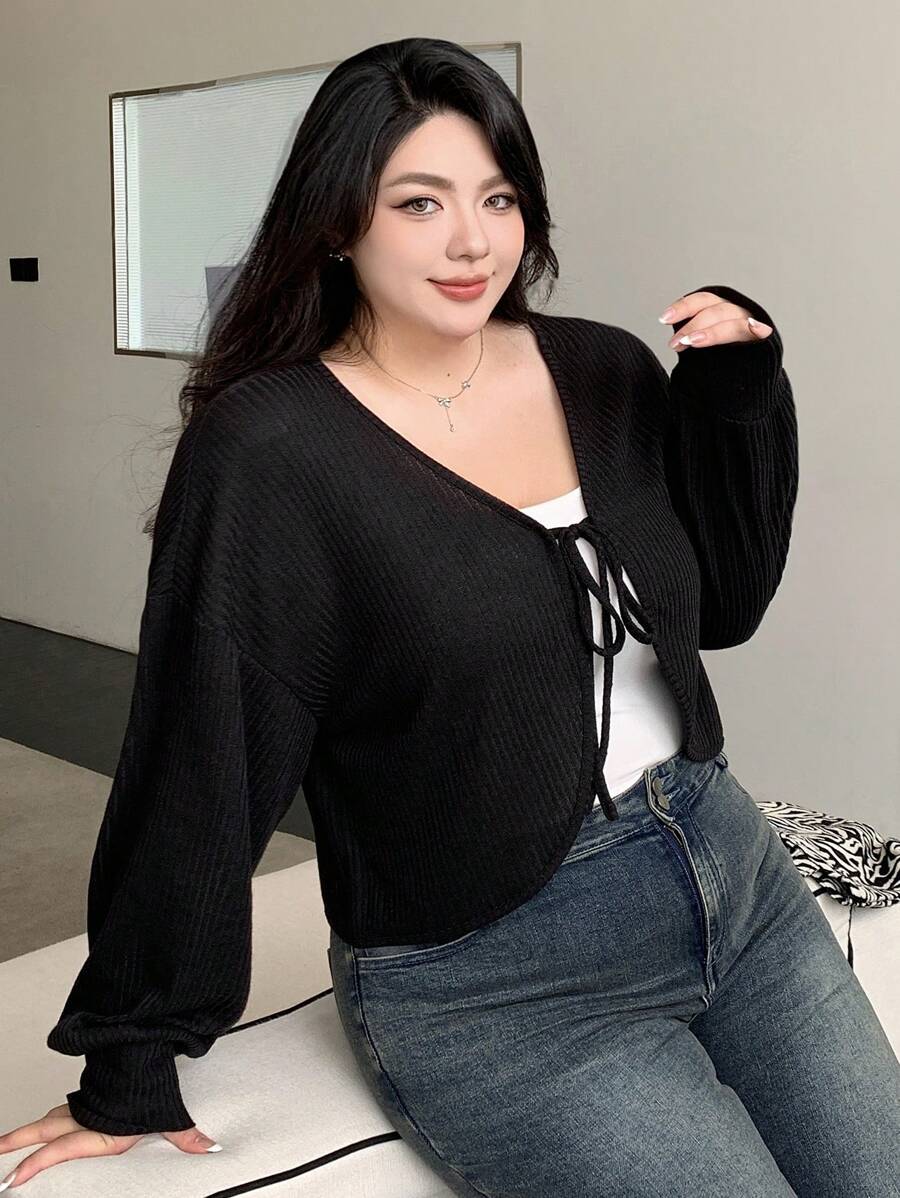 Dazy Plus Plus Size V-Neck Solid Color Cut-Off Lace-Up Long Sleeve T-Shirt, Spring/Summer,Fall Clothes