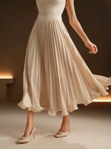 Anewsta Elegant Commuting Apricot Color Pleated Woven Ruffle Hem Skirt For Women Maxi - Apricot - View 5