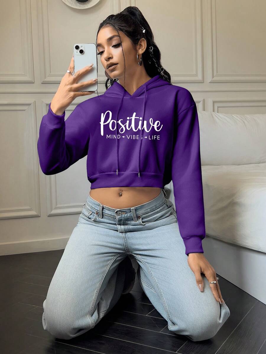 INAWLY 字母图案落肩短款抽绳保暖连帽衫，长袖上衣，适合毕业季、返校季、毕业典礼、教师节等场合，女士返校季套头衫，秋季卫衣 - 紫色 - 查看 1