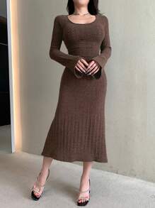 DAZY Women's Solid Round Neck Ribbed Knitted Long Sleeve Elegant Sweater Dress