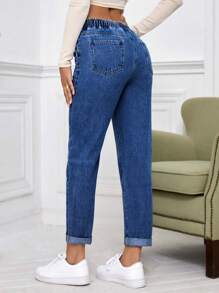 SHEIN Essnce Casual Washed Drawstring Waist Tapered Jeans Thickened Denim - Dark Wash - View 2