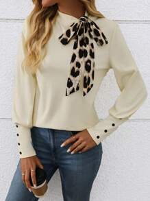 INAWLY Women Leopard Print Lace-Up Thermal Undershirt, Autumn/Winter Graphic Cheetah Print Tees Women Tops - Apricot - View 6