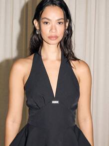 AiiRZ Blusa con cuello halter en pico y volantes - Negro - Ver 5