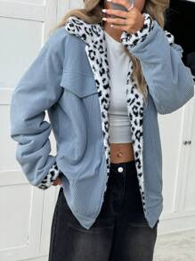 SHEIN EZwear 女士正面纽扣长袖口袋简约连帽休闲夹克 - 藍色 - 查看 5