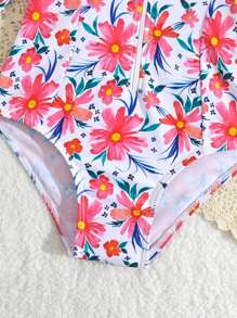 1 件装少女度假海滩花朵印花连体泳衣