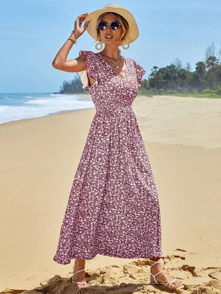 RueChic Ditsy Floral Print Butterfly Sleeve A-line Dress - Đỏ - Xem 1