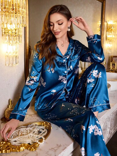 LuxeNights Bloemen Print Lapel Collar Long Sleeve Top Pants Pajama Set Women, Fall Clothes Cozy Elegante