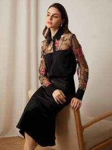 EMERY ROSE Áo sơ mi cài nút thanh lịch dành cho nữ, trang phục công sở giản dị, thanh lịch, thêu chắp vá - màu đen - Xem 6